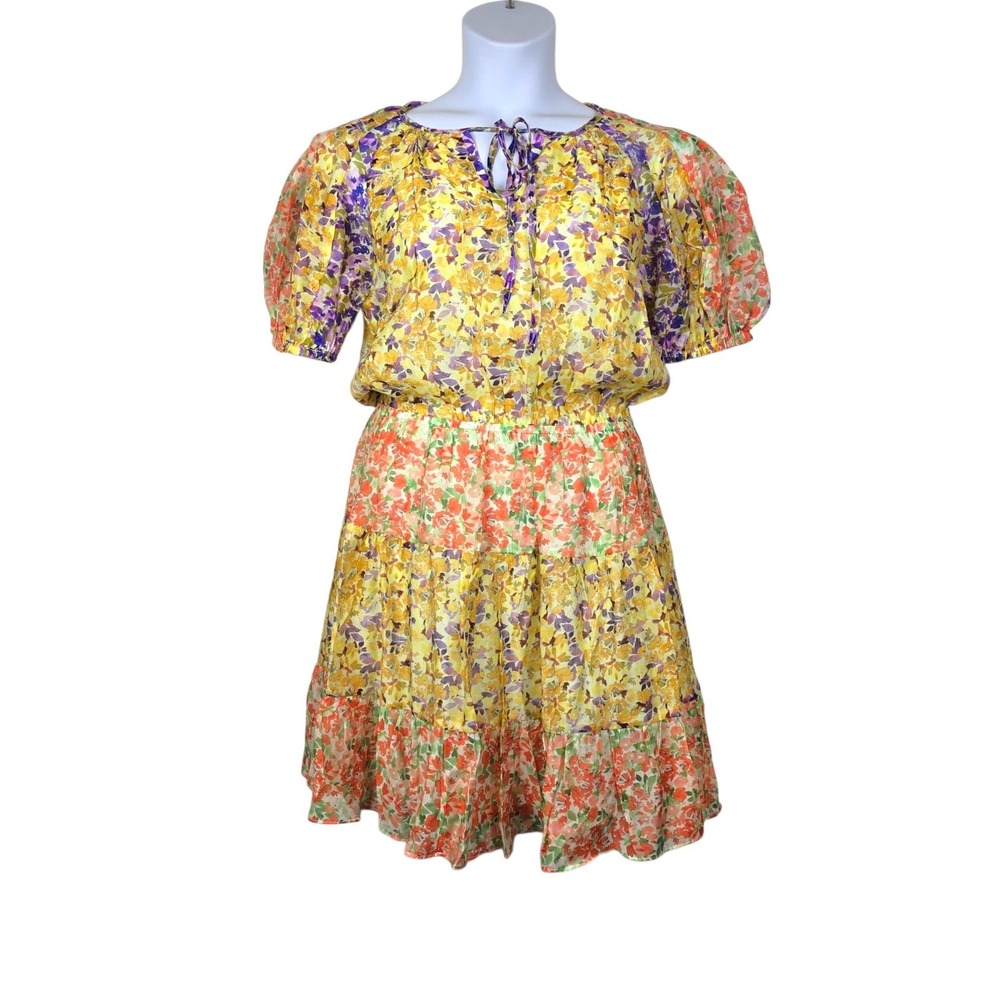 Current Air Womens Puff Sleeve Yellow Purple Floral Tiered Mini Dress Size M NWT